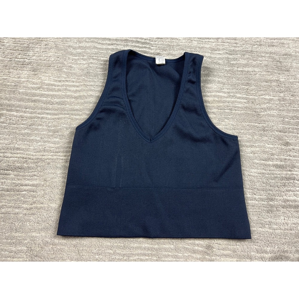 90 Degree by Reflex Tank Top Women M Navy Blue Ribbed V-Neck Seamless Cropped